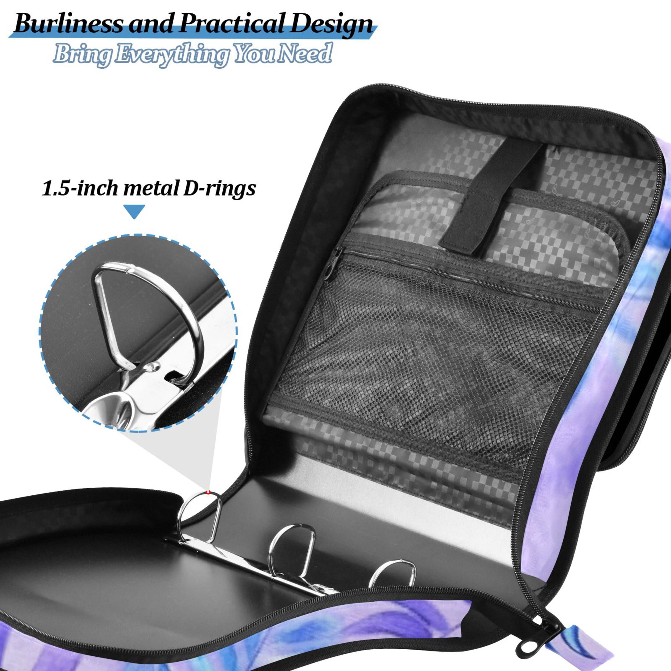 3 Ring Zipper Binder with Shoulder Strap Waterproof Trapper Keeper 2 Inch D-Ring 500 Sheets Capacity Blue Purple Palm Leaves
