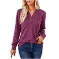 thumbnail image 1 of Camiseta informal de manga larga con botones y cuello en V para mujer - Poliéster, cómoda para todas las estaciones, 1 of 8