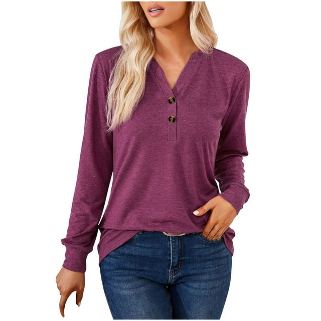 Women's T-Shirts Long Sleeve Womens Fall Tops Comfory Soft Button Down Sexy V Neck Solid Work Blouses Dressy Casual Red M
