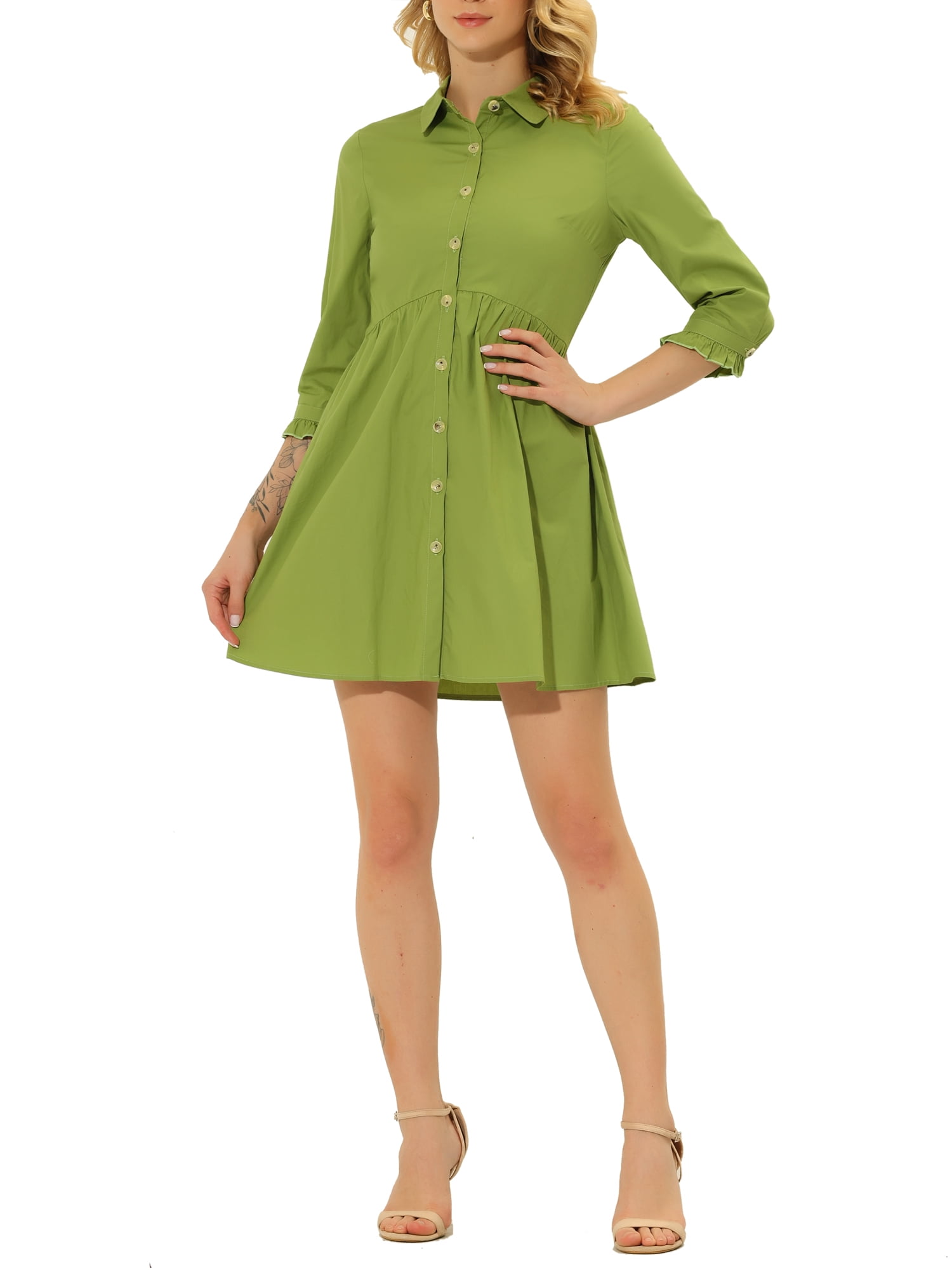 Allegra K Women's 3/4 Sleeve Button Front Flare Mini Shirt Dress