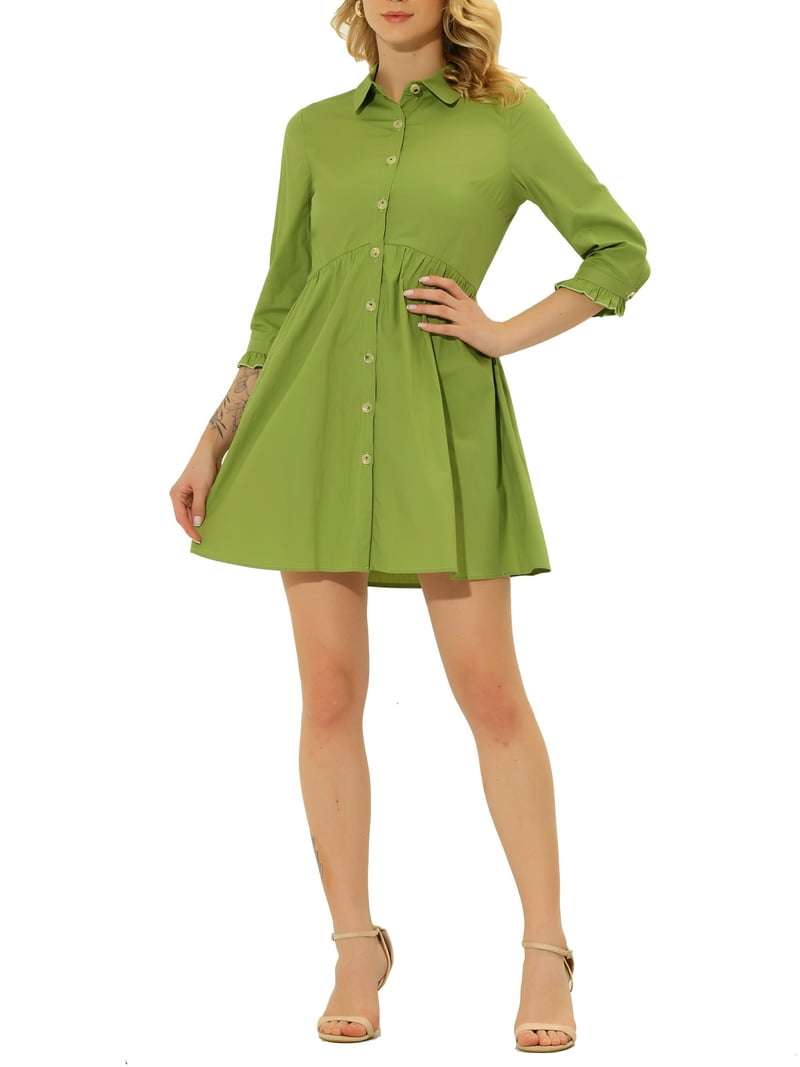Allegra K Women's 3/4 Sleeve Button Front Flare Mini Shirt Dress