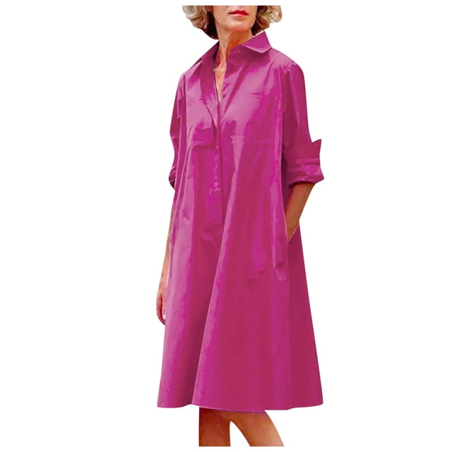 Women Spring Summer Casual Solid Color Lapel Button Long Shirt Dress
