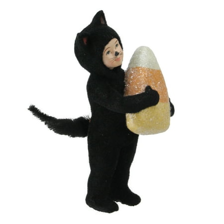6.25" Black and Orange Child in Cat Costume With Giant Candy Corn