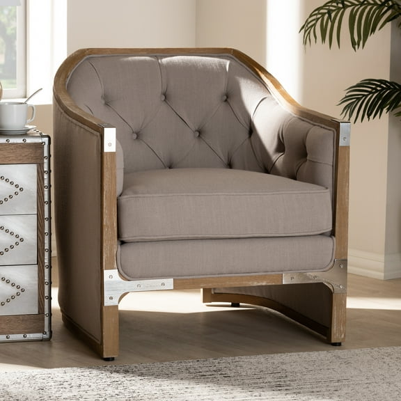 Industrial Grey-Beige Fabric Upholstered Whitewashed Oak Wood Armchair with Metal Accents