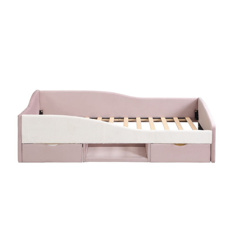 Twin Size Upholstered Daybed Frame, Low-Profile Storage Platform Bed with 2 Drawers and Open Compartment, Two-Tone Accent Kids Bed
