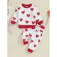 thumbnail image 3 of Toddler Boys Girls Fall Outfits Heart Print Long Sleeve Waffle Sweatshirts and Long Pants 2Pcs Valentine's Day Clothes Set, 3 of 10