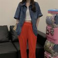 thumbnail image 5 of Camisas vaqueras coreanas de manga corta Rimocy para mujer, verano 2023, con bolsillos, chaqueta de un solo pecho, blusa vaquera azul informal para mujer, 5 of 5