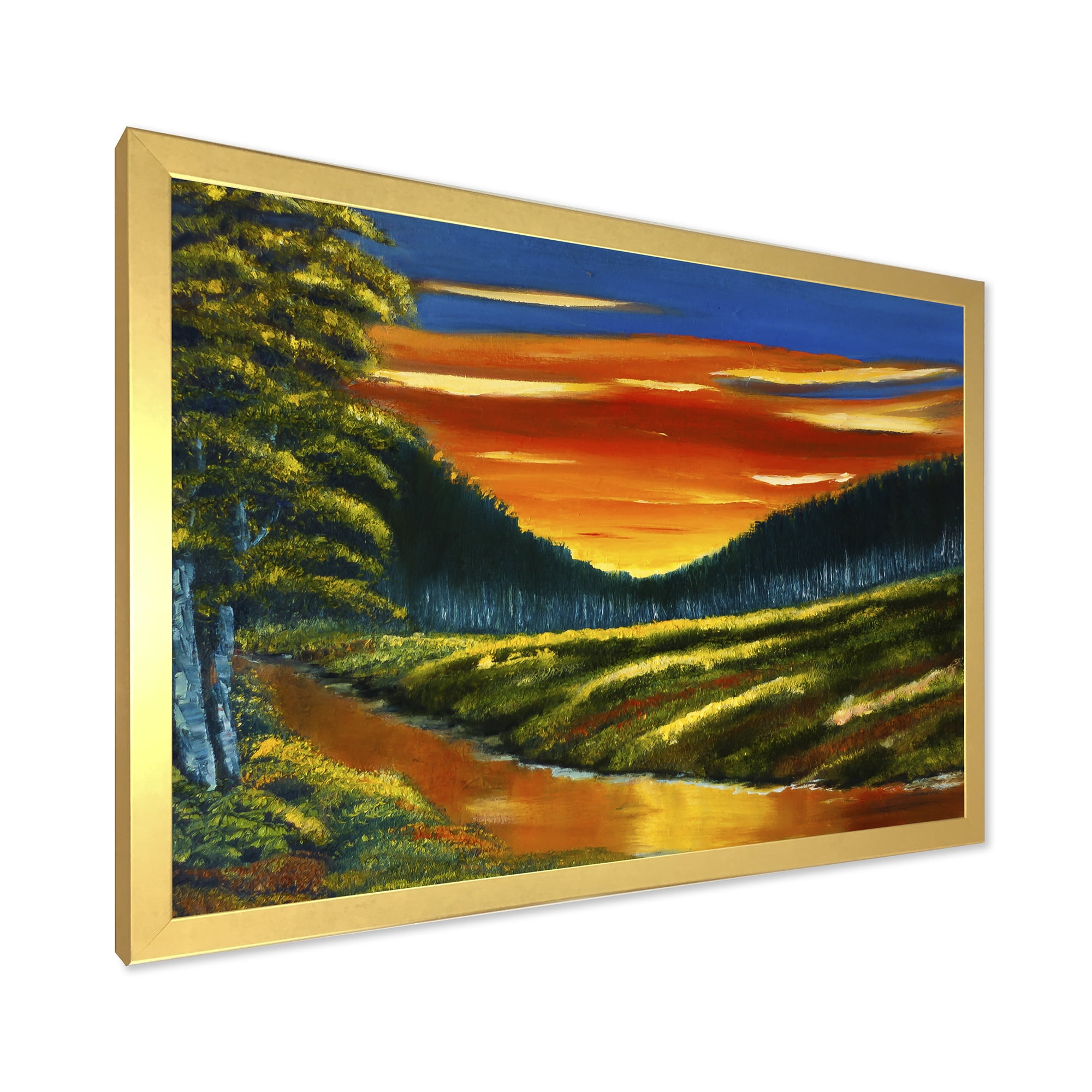 Designart 'Warm Coloured Sunset Glow Above The Lotus Swamp' Traditional Framed Art Print