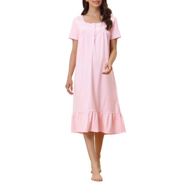 Noche de Victoria para Mujeres INSPIRE CHIC, Camisón de Princesa con Encaje y Volantes, Manga Corta, Ropa de Dormir de Algodón, Ropa de Casa, M Rosa