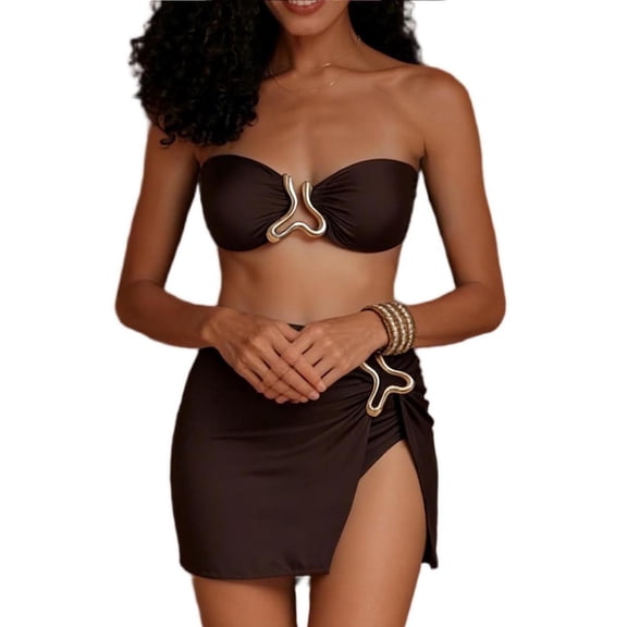Kukoosong Women's Two Piece Bikini Set with High Waist Swim Skirt Strapless Padded Bandeau Top Vintage Conservative Solid Beach Swimwear for Summer Vacation