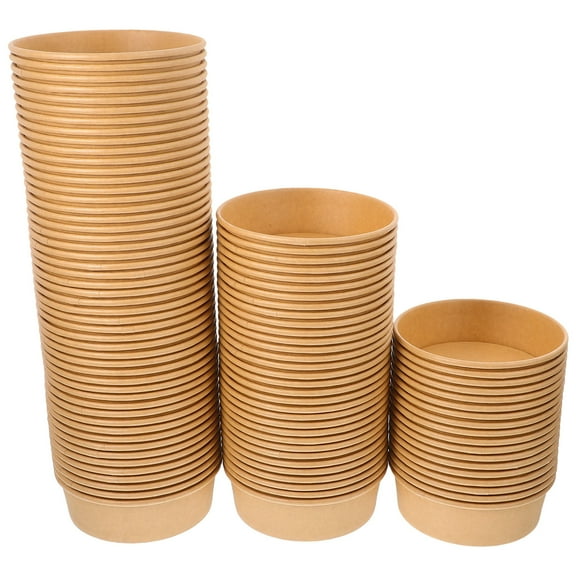 HOMEMAXS 100pcs Kraft Paper Food Box With Lid Round Disposable Noodle Container Leak-Proof Disposable Packaging Box For Hot Soup Takeout Lunch Snacks Restaurant Supplies