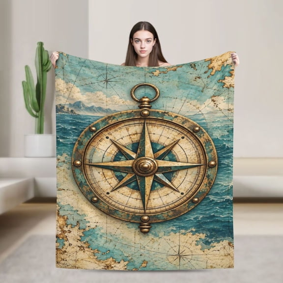Nautical Compass Blanket Vintage Ocean Map Design Coastal Home Decor Gift for Sailors 50x40 in