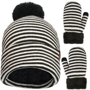 Maylisacc Kids Toddler Winter Beanie Hats Mittens Pom Striped Warm Knit Caps Gloves Set for Baby Boys Girls Aged 2-5