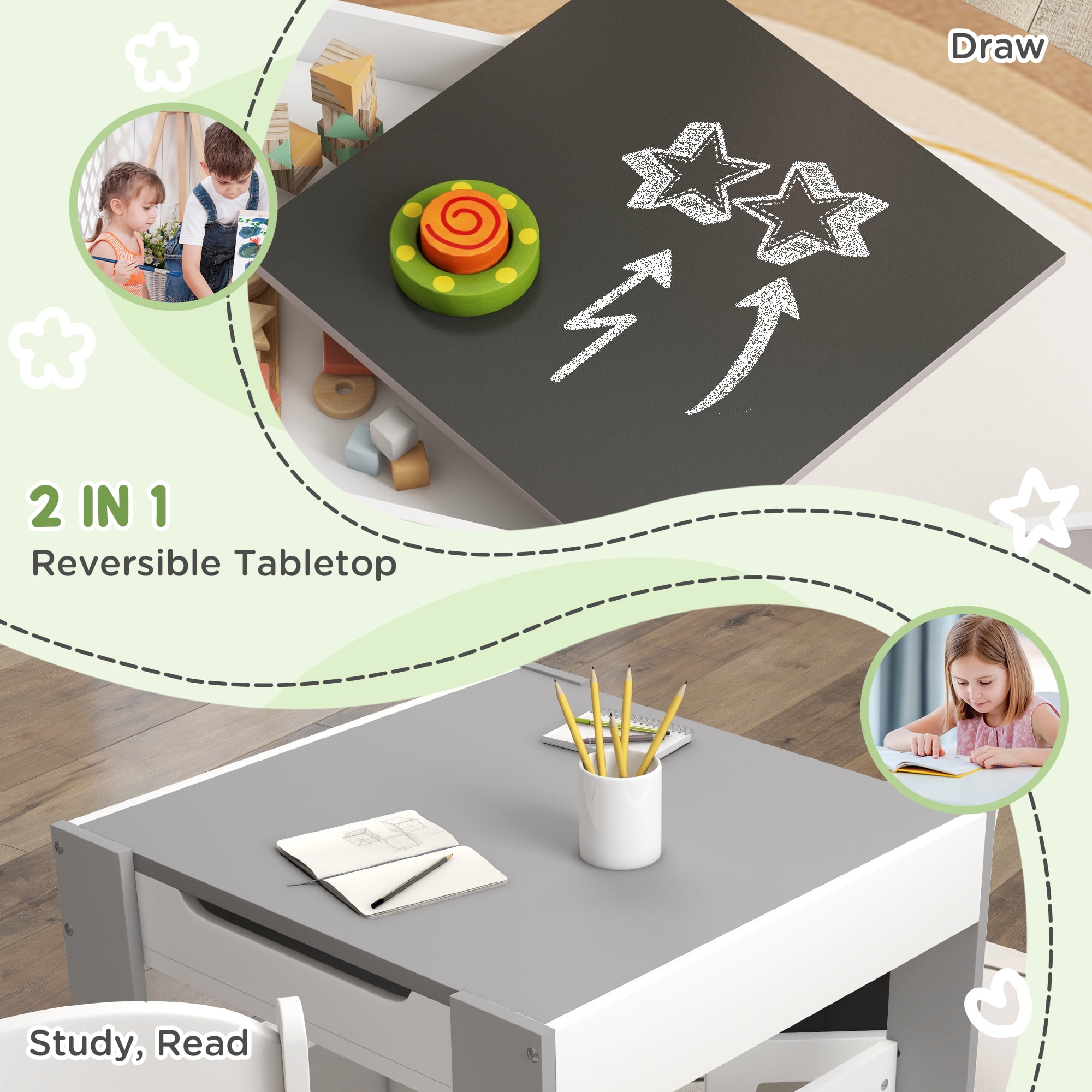 Cribs Qaba 3 Piece Table and Chair Set, 2 in 1 Toddler Table and Chair Set with Reversible Tabletop Blackboard, Storage & Bookshelves for Playroom, Nursery, Gray,Youth Desk and Chair Set
