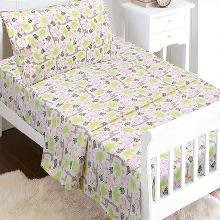 UPC: 0737107950944 | Jungle Zoo Animal Friends Giraffe Monkey Elephant Zebra Bird 3 Piece Multicolor Pink Cotton Toddler Sheet Set