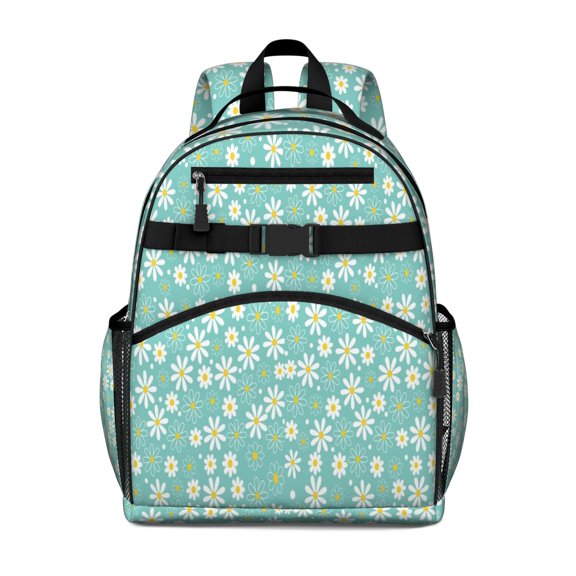 Turquoise Daisy Flower Yellow Centers Pattern Backpack for School,Cute School Bag,Schoolbag with Adjustable Shoulder Straps & Padded Back,15.25"x11.5"x5.25"