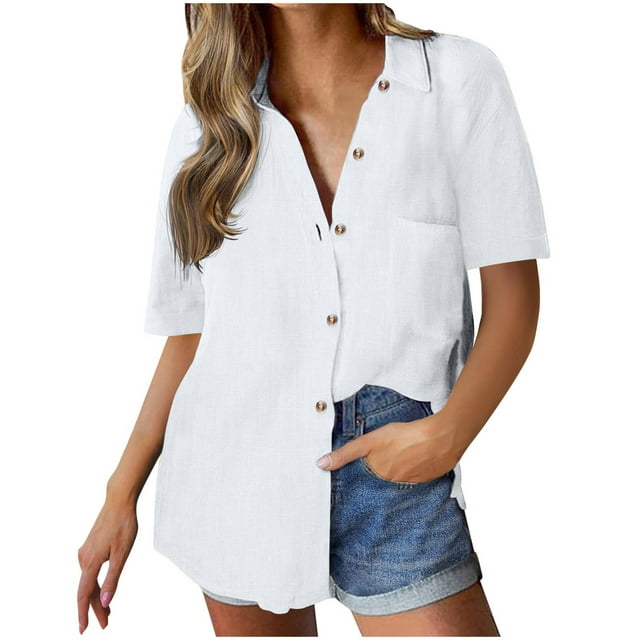 hotojiny Womens Button down Shirts Summer Cotton Linen Breathable Short Sleeve Blouses Loose Collared Oversized Tops with Pockets