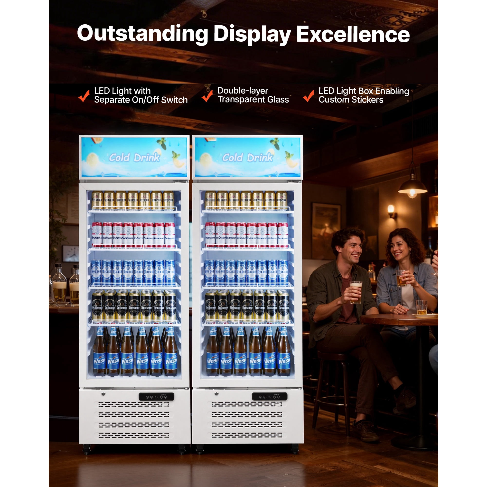 KFFKFF Commercial Glass Door Refrigerator, 9.6 Cu.Ft / 273 L Upright Beverage Cooler with Adjustable Shelves, LED Lighting, and Customizable Lightbox for Home or Business Use