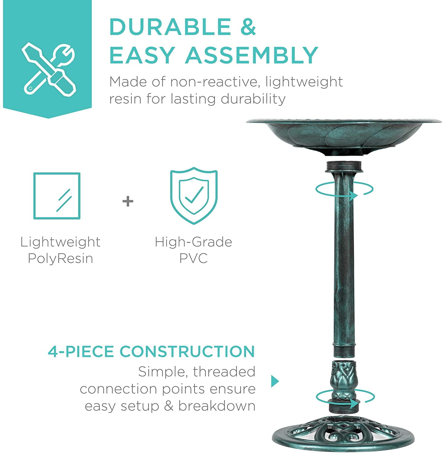 NIUMU  28in Pedestal Bird Bath, Vintage Outdoor Resin Accent Decoration w/Fleur-de-Lis Accents - Green