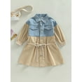 thumbnail image 2 of hirigin Kid Girl Dress, Long Sleeve Lapel Neck Denim Patchwork Drawstring Casual Party Dress, Khaki, 2 of 8