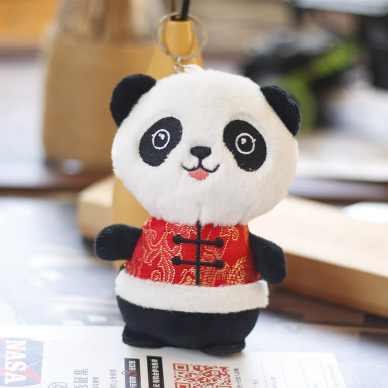 LIWEN 12cm Plush Key Pendant Lovely Red Tang Suit Panda Doll Plush Toy Hanging Ornament Soft Touch Stuffed Small Panda Doll Keychain Bag Pendant