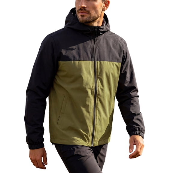 Rrxhxhs Raincoat for Men Color Block Long Sleeve Elastic Cuffs Casual Outdoor Hooded Windbreaker Jacket with Side Pockets,Green,L