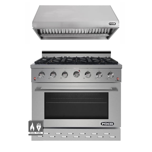 NXR 36" Stainless Steel Dual Fuel Range with 5.5 cu. ft. Convection Oven & Under Cabinet Hood Bundle NKD3611 RH3601