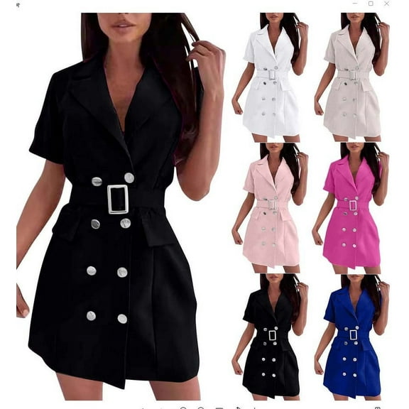 Kmdttou Women Fashion Summer Dress for Women's Suit Lace Up Lapel Button Solid Color Dress