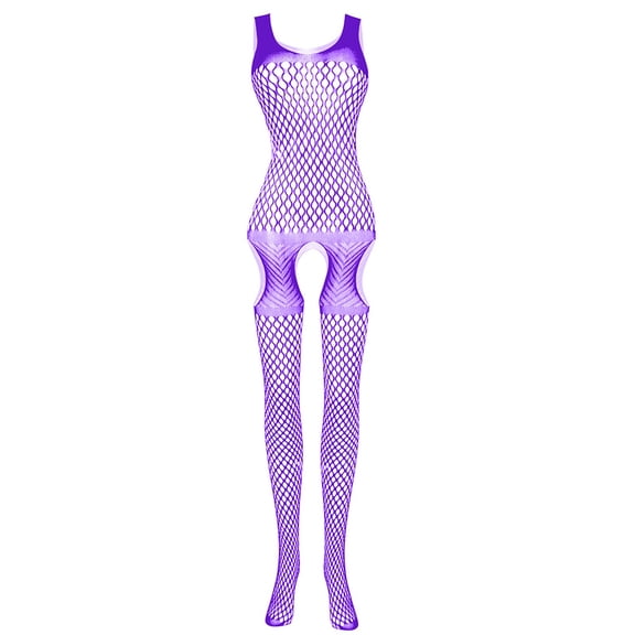 JSGEK Lingerie Fishnet Bodysuit for Womens Bodystockings Open Crotch Fishnet Full Body Purple Free Size