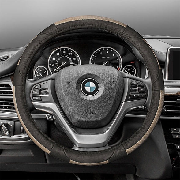 FH Group FH2002-BEIGEBLACK Deluxe Full Grain Authentic Leather Steering Wheel Cover- BEIGEBLACK