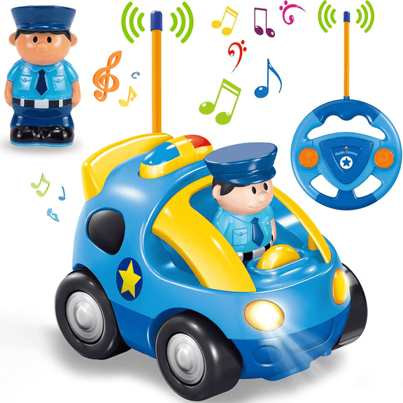HYPERLIVING Remote Control Cars for 1, 2, 3-Year-Olds – Cartoon RC Police and Race Car with Realistic Sirens, Honking Sounds, and Flashing Headlights, RC Car Toy for Boys and Girls, Light Blue