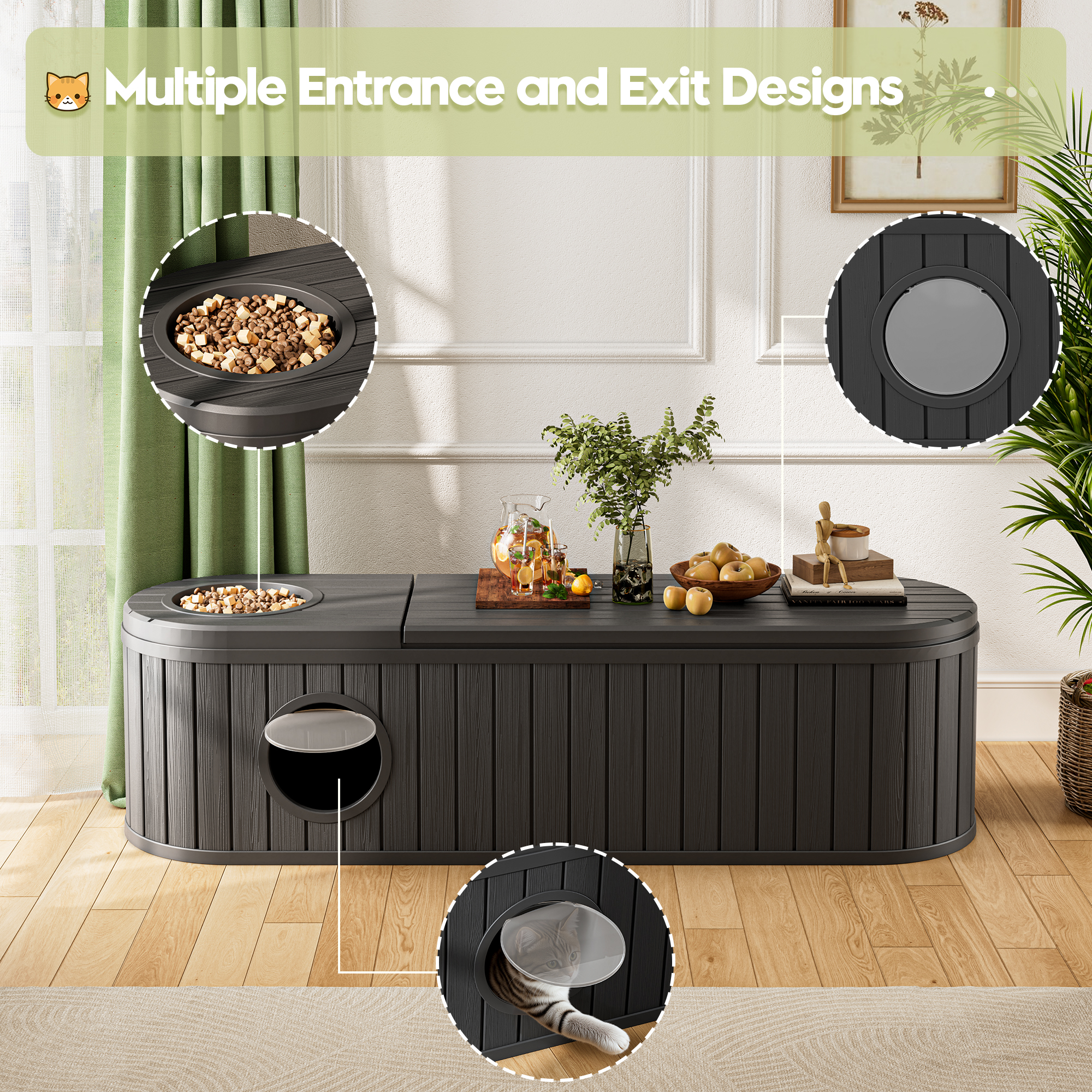 Bifanuo Cat Litter Box Enclosure,Hidden Litter Box Furniture with Round Lift-Up Door, Multi-Functional Cat Cabinet for Living Room and Bedroom,Black