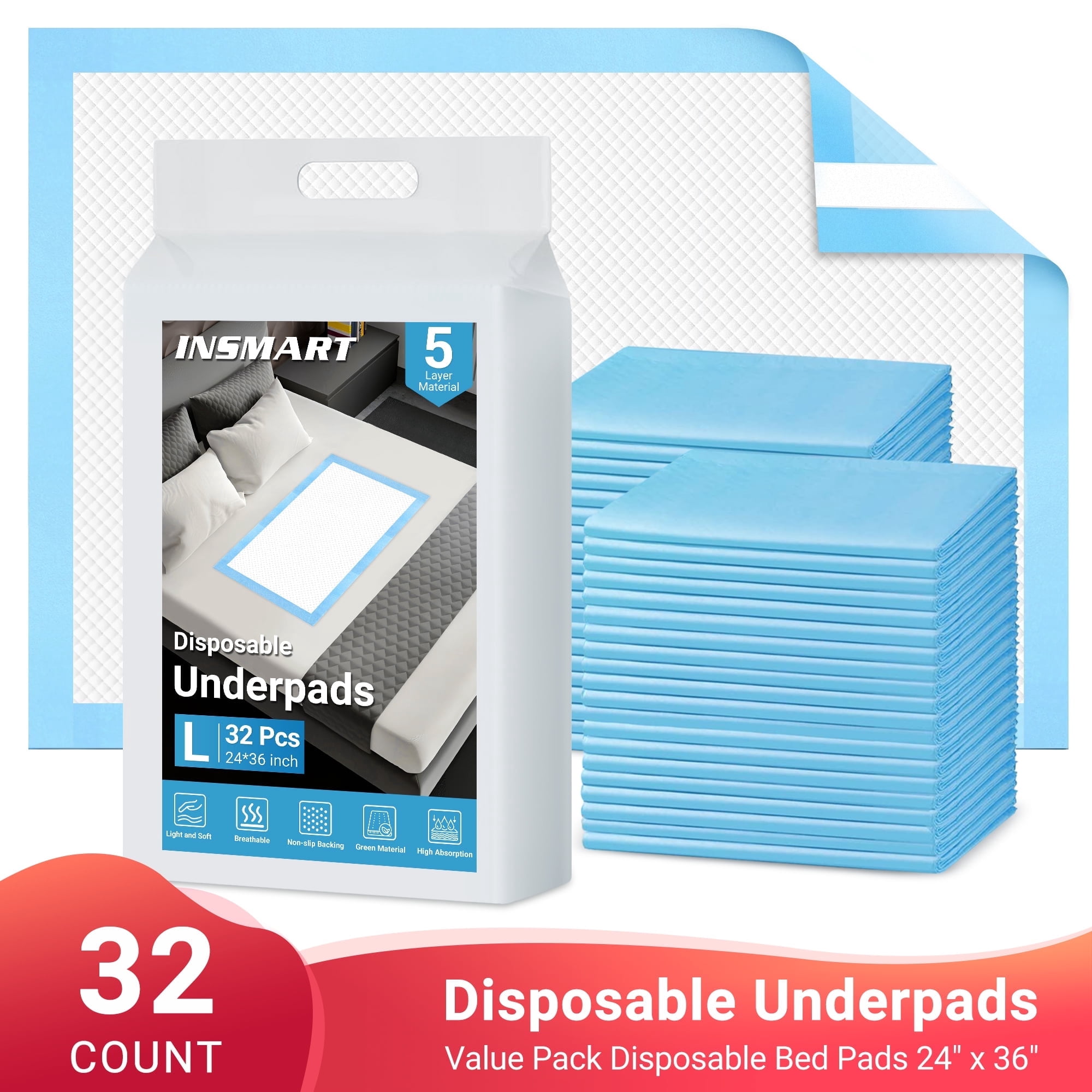 INSMART Bed Pads for Incontinence Disposable ,XL Underpads, Heavy Absorbency, High Protection, Waterproof, Super Absorbent, 24'' X 36'' (32 Count)