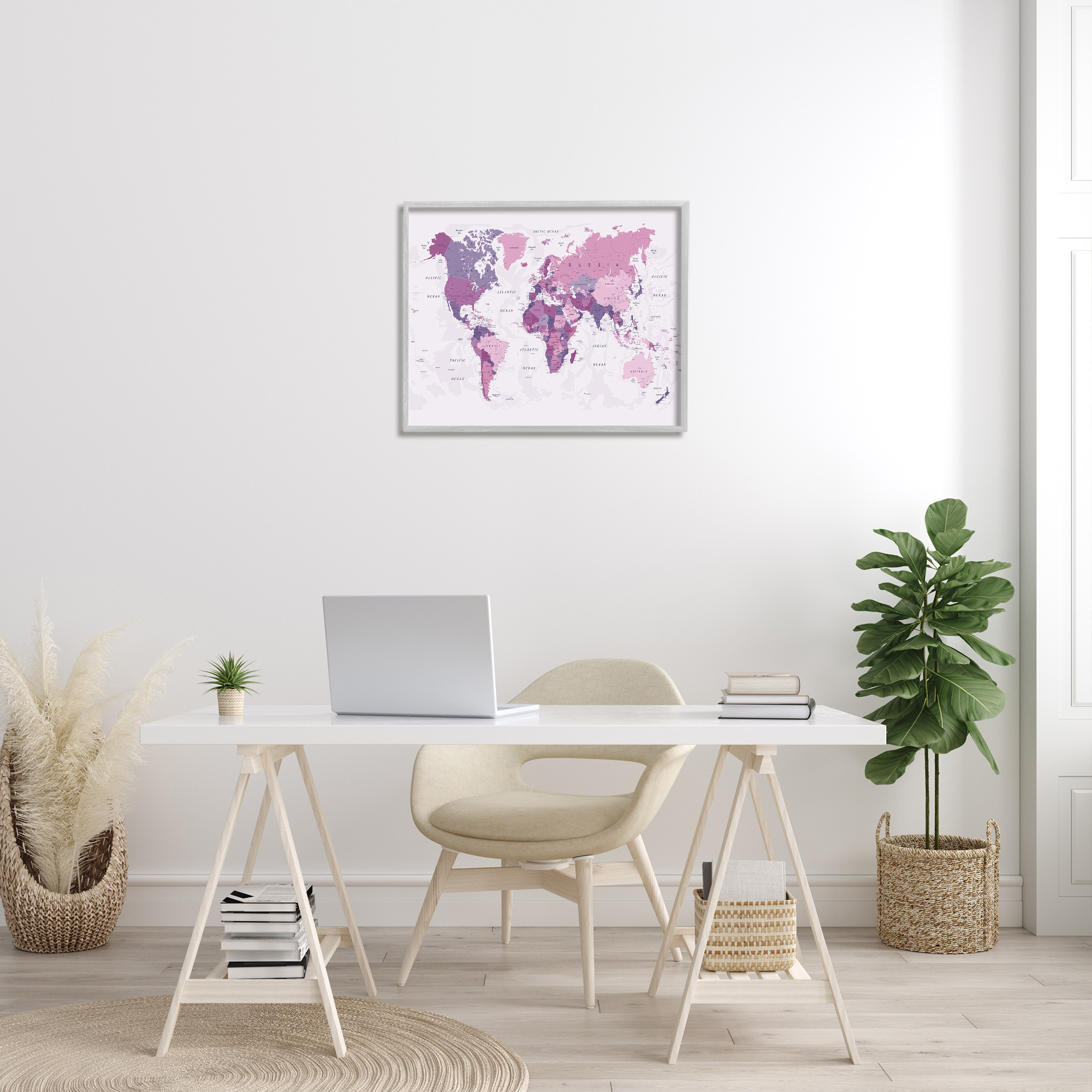 Stupell Industries Detailed Pink World Map Town & City Painting Gray Framed Art Print Wall Art, 30 x 24