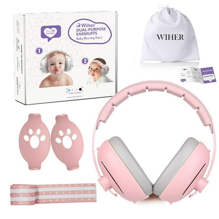Wiher 2-in-1 Baby Ear Muffs Noise Protection Adjustable Baby Headphones with Stretchy Band Noise Cancelling Headphones for Baby & Toddler up to 4 Years Baby Airplane Essentials/Outdoor Pink