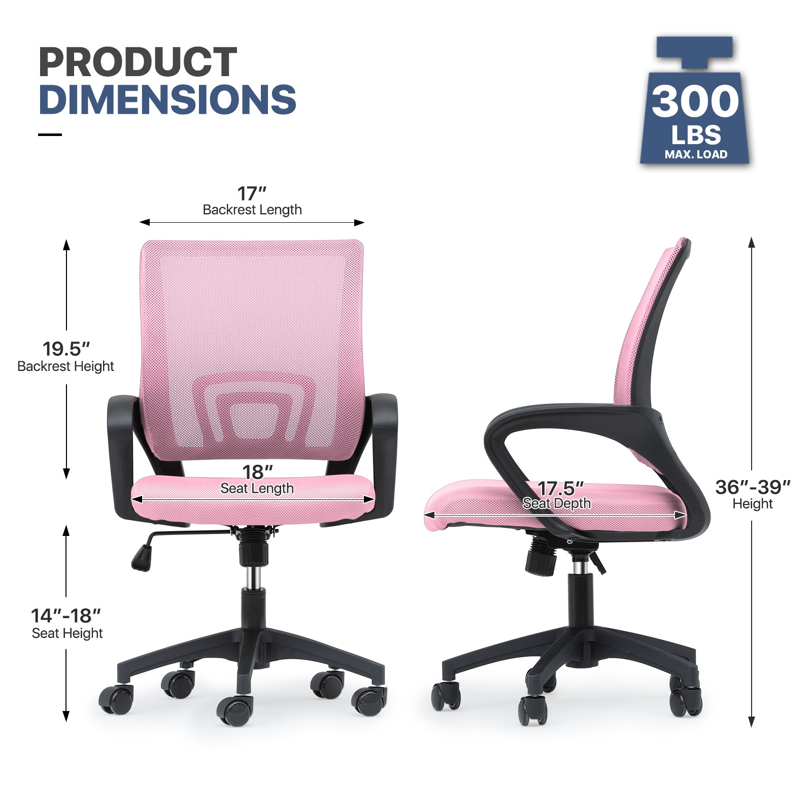 MoNiBloom Office Chair Mid Back Swivel Lumbar Support Desk Chair, Height Adjustable Ergonomic Mesh Computer Chair with Armrest, Pink