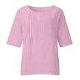 thumbnail image 3 of Fmbrln Womens Plus Size Summer Linen 3/4 Sleeve Tops Casual Crew Neck T-Shirts Fashion Front Pleated Side Slit Hem Solid Color Tees Blouse 4XL, 3 of 5