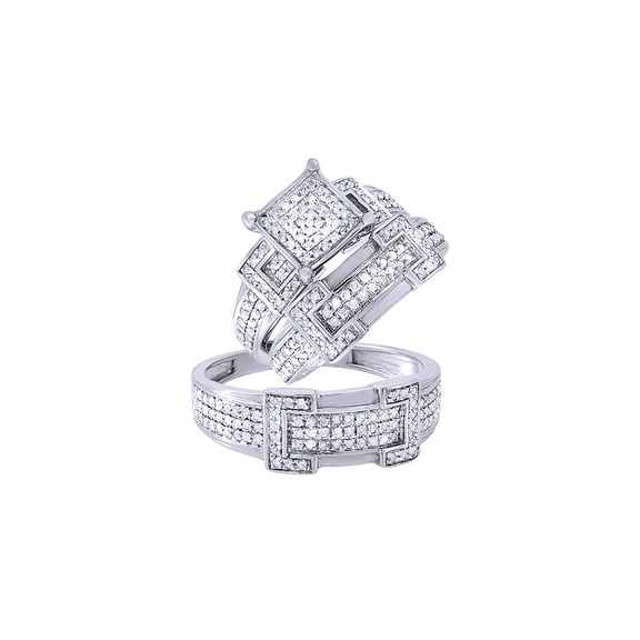 AFFY White Natural Diamond Wedding & Engagement Trio Band Ring Set In 10k White Gold (0.95 Cttw)