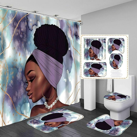 4PCS African American Female Shower Curtain Set, Pearl Necklace Girls Bathroom Shower Curtain Set, Purple Blend Shower Curtain Waterproof Semi-Blackout, Bathroom Decoration Supplies (Purple)