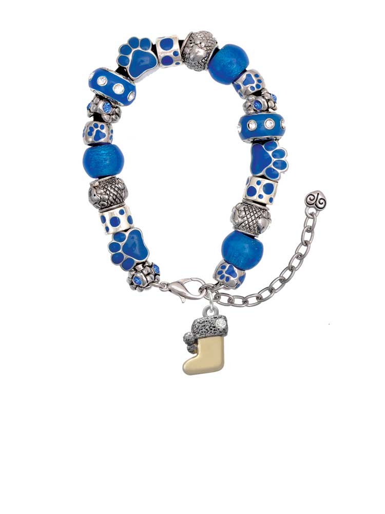 Delight Jewelry Two-tone 3-D Stocking with Clear Crystal Blue Paw Print Bead Bracelet, 7"+2"
