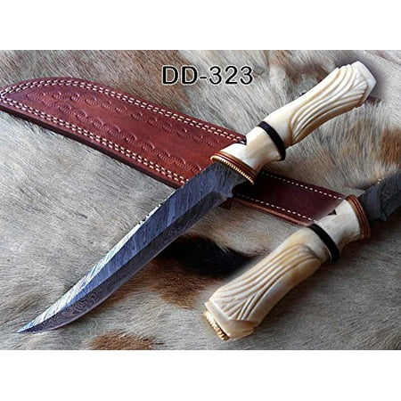 13 Inches long hand carved camel bone round scale skinning knife, Custom made Hand Forged Damascus Steel hunting Knife With 7.5