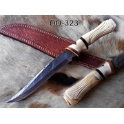 13 Inches long hand carved camel bone round scale skinning knife, Custom made Hand Forged Damascus Steel hunting Knife With 7.5" blade, Cow hide Leather sheath with belt loop