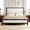 Walnut, variant on Merluxy Full Upholstered Platform Bed with Headboard, Solid Wood Bed Frame with Linen Headboard & Footboard Nailhead Trim, Noise-Free, Grey Blue