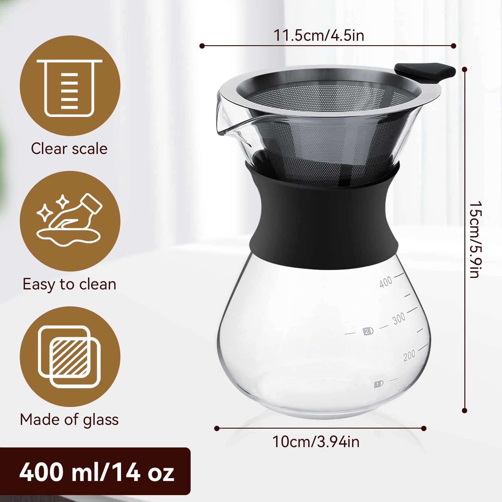 Waayee Pour over Coffee Maker Set, 14 oz Glass and Stainless Steel Single Cup Coffee Brewer with Reusable Filter, BPA-Free
