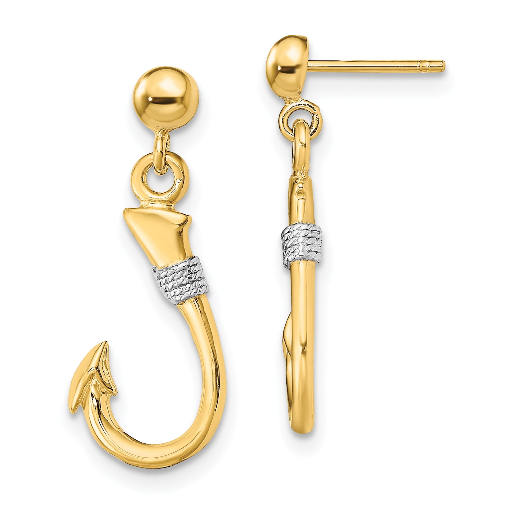 Saris and Things 14k Yellow Gold with Rhodium 3D Fish Hook with Rope