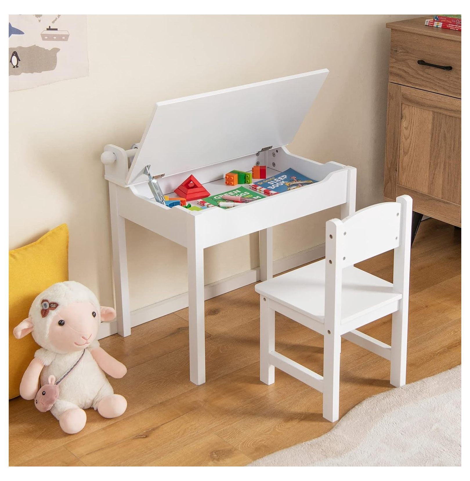 Kids Table and Chair Set, Wooden Lift-Top Desk & Chair with Storage, Paper Roll Holder & Pen Slot, Activity Table Set for Art, Children Furniture Set for Daycare, Playroom (White)