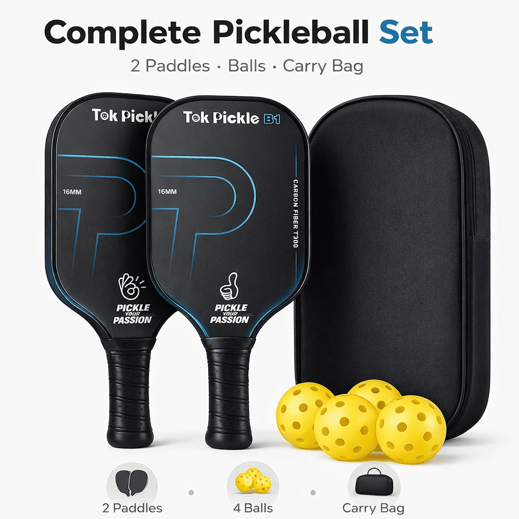 16mm Carbon Fiber Pickleball Paddle Set of 2, Raw Surface for Spin & Control, Includes Bag & 4 Balls