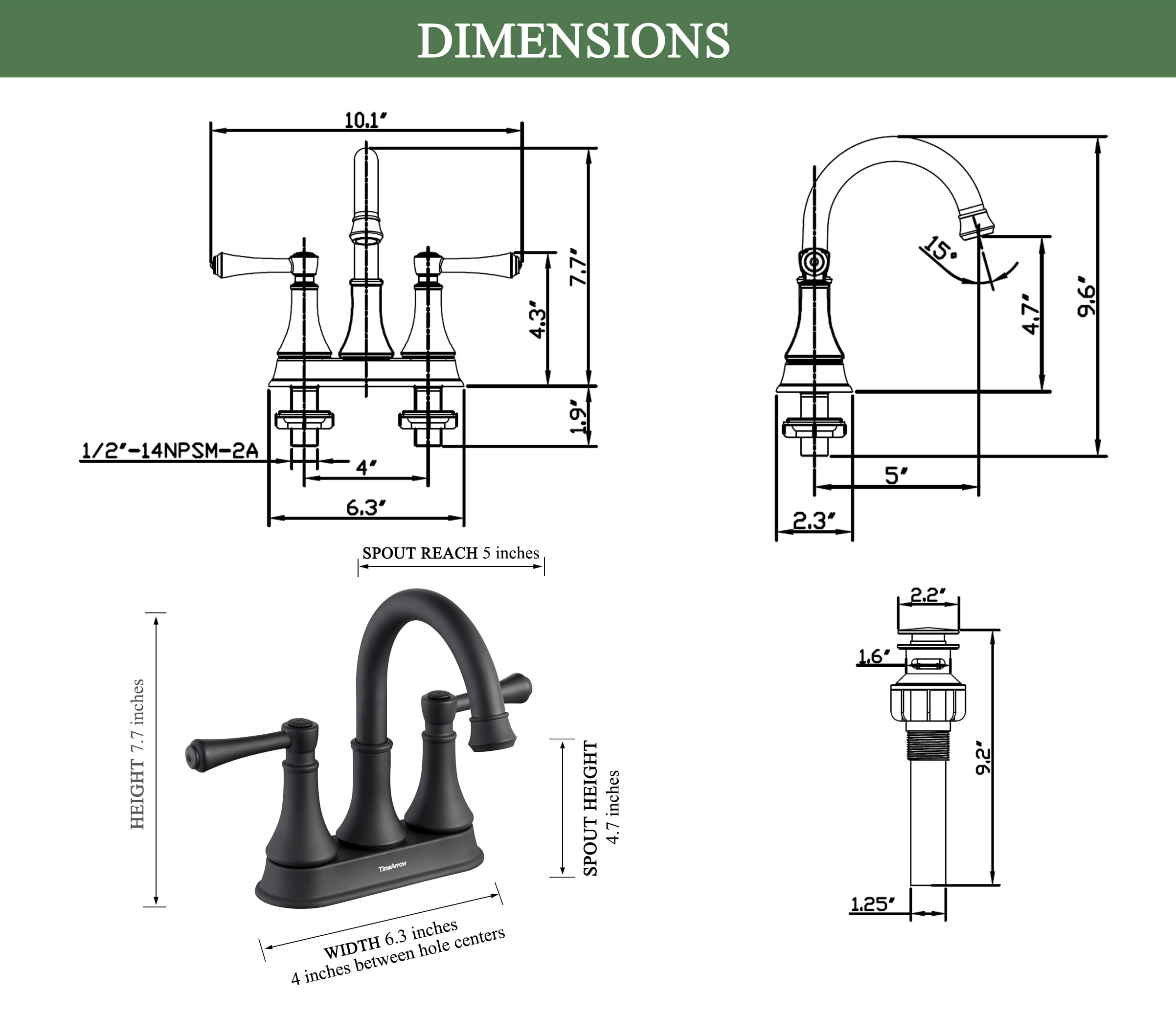 Matte Black 4 Inch Centerset Bathroom Faucet Vanity Lavatory Faucet for 3 Holes with Pop up Drain and 360° Swivel Brass Spout, TAF067Y-MB