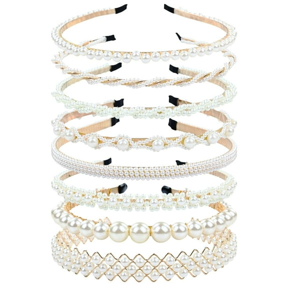 8 Pieces Decorative Gold Wedding Birthday Party Prom Artificial Pearl Headbands Bling Beaded Hair Tiaras Hoops Headpieces Accessories for Women Girls Teens Kids