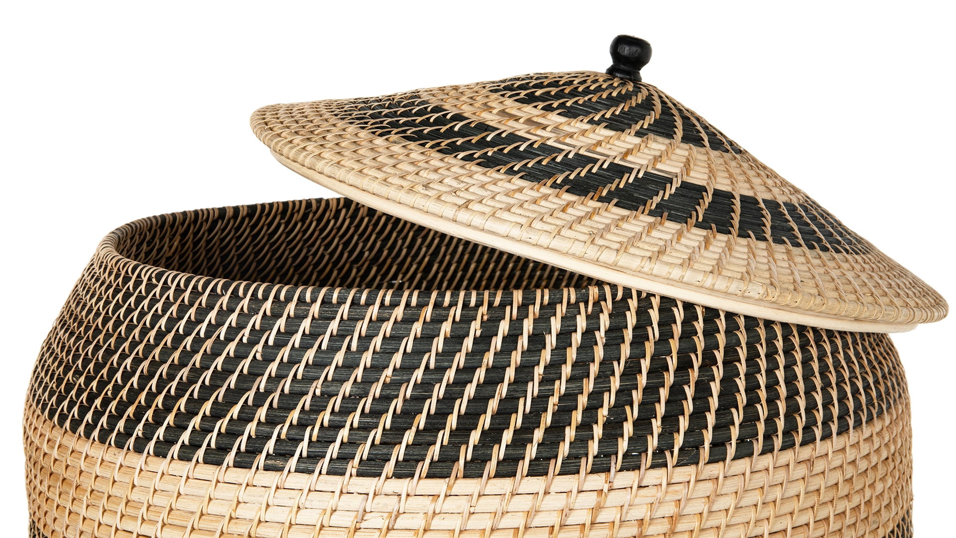 Kouboo Rattan Belly Basket, Round Storage Basket with Lid, Organizer for Laundry, Throws, Pillow, Towel, Extra-Large, Natural-Black